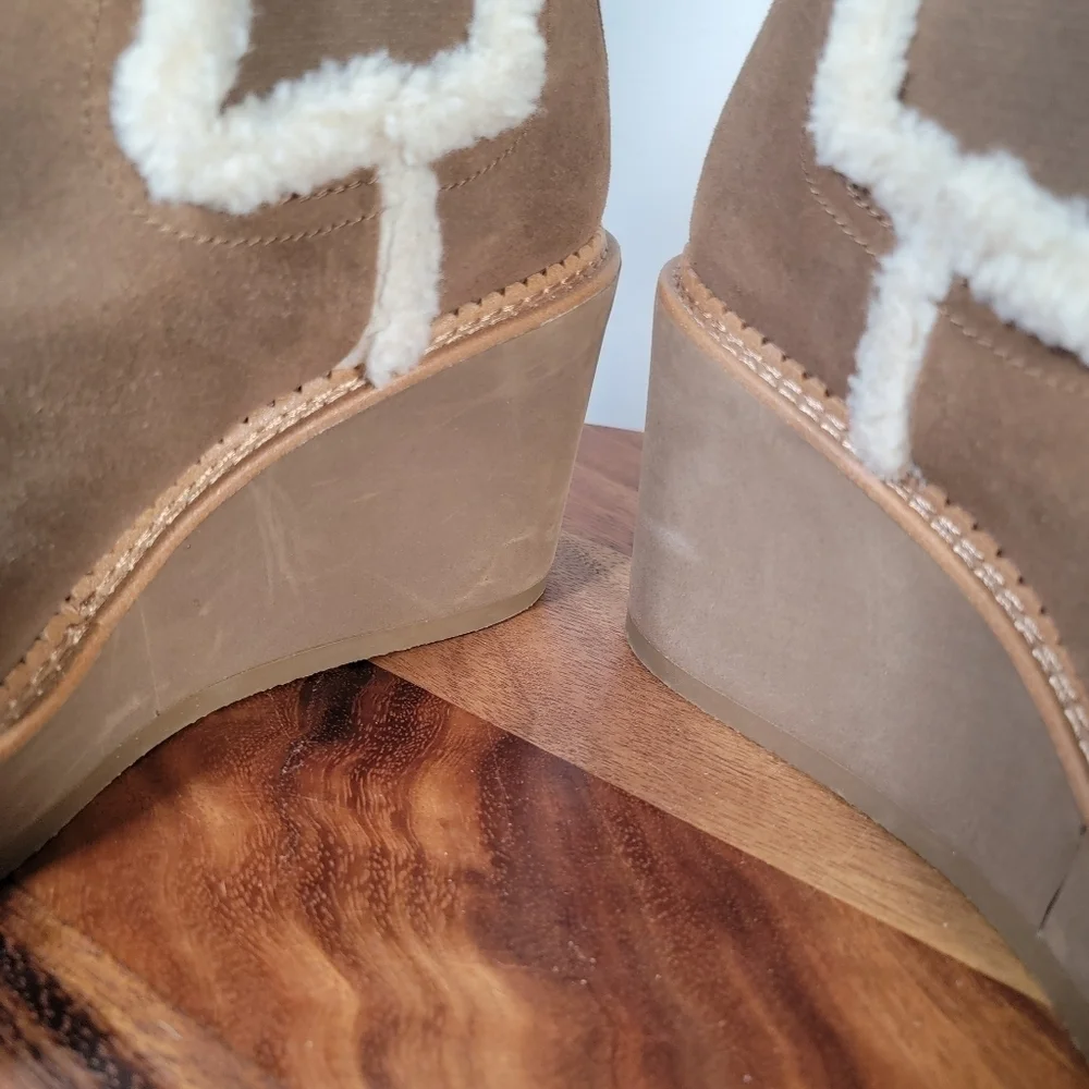 Sam Edelman Reagan Brown Suede Wedge Ankle Boots With Sherpa Trim Size 10